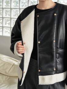 DAZY Lót Teddy Đôi ngực Da giả Áo khoác - màu đen - Xem 10