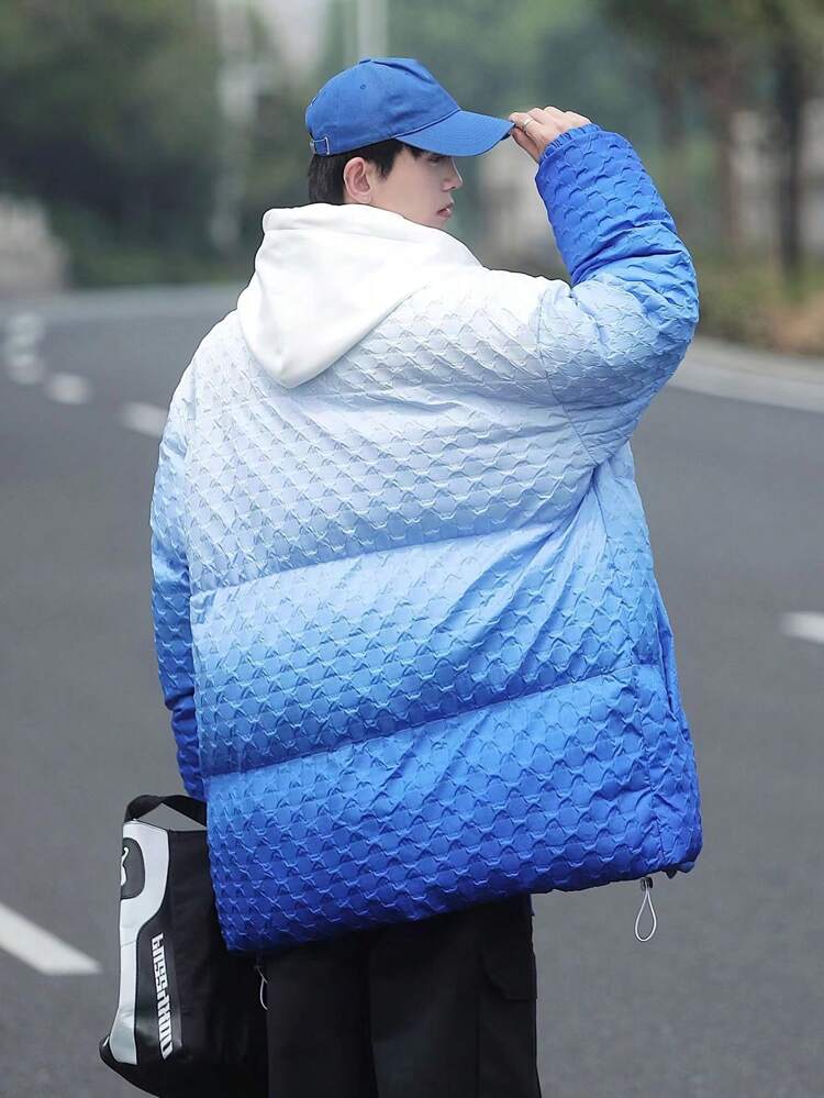 Oversized Men's Ombre Drop Shoulder Hooded Padded Coat With Zipper