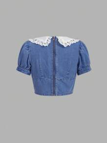 SHEIN MOD 拼接領泡泡袖牛仔上衣 - 中等水洗藍 - 查看 2