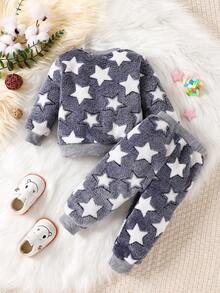 男嬰星星圖案絨毛衛衣和褲子 - 灰色 - 查看 2