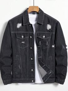 Manfinity 男士破洞翻蓋口袋牛仔夾克不帶T恤 - 深灰色 - 查看 1