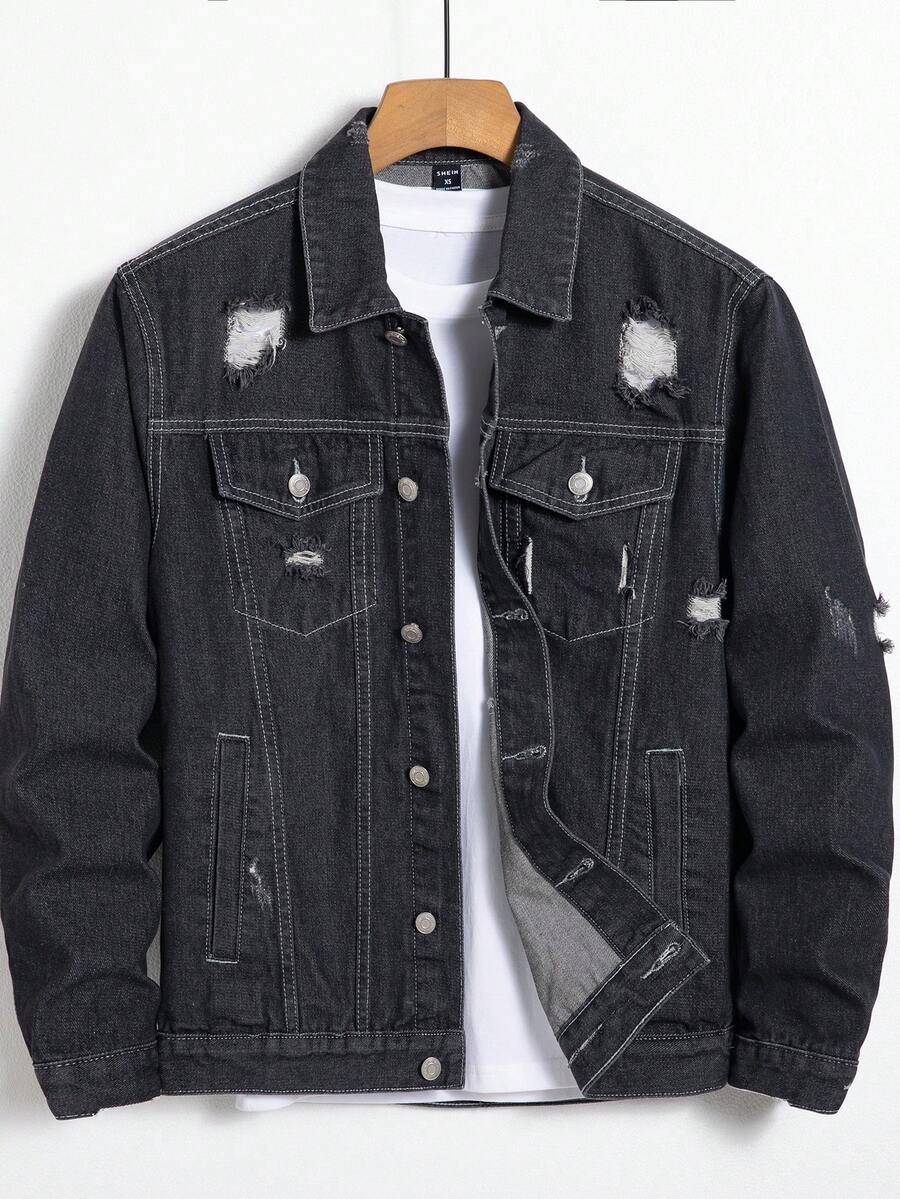 Manfinity 男士破洞翻蓋口袋牛仔夾克不帶T恤 - 深灰色 - 查看 1