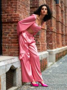 Becci Designer Sweetheart Neck Lantern Sleeve Crop Satin Blouse, For Holiday