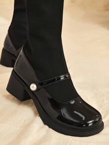 SHEIN MOD 女性人造珍珠裝飾粗跟彈力靴,時尚黑色時尚靴子 - 黑色 - 查看 5