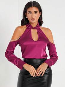 Classy Girl Cold Shoulder Cut Out Front Satin Blouse - Red Violet - View 1