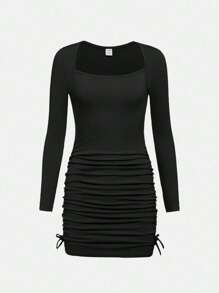 SHEIN Girlism Teen Girl Square Neck Drawstring Side Ruched Dress - Black - View 1