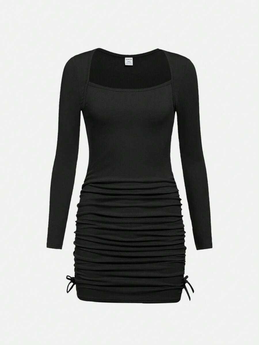 SHEIN Girlism Teen Girl Square Neck Drawstring Side Ruched Dress - Black - View 1