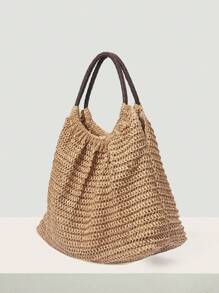 SHEIN VCAY 卡其色極簡風格編織草編托特包帶雙把手,合適的適用於度假 - 棕色 - 查看 3