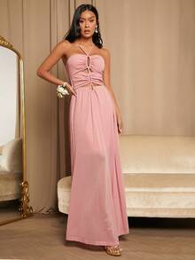 SHEIN Belle Drawstring Cut Out Front Bridesmaid Dress - Dusty Pink - View 3