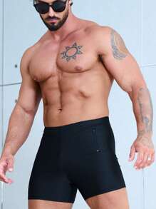 Manfinity Men Solid Zipper Detail Swim Trunks - Black - View 5