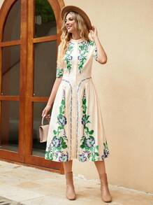 SHEIN VCAY Floral Print A-line Dress - Green - View 6