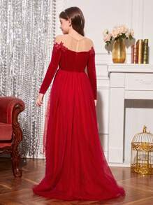 SHEIN 女大童網紗拼接高低下擺派對禮服適用於聖誕 - 紅色 - 查看 2