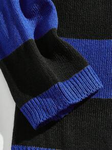 ROMWE MEN Academia 男士條紋兩色撞色下肩毛衣 - 藍色 - 查看 4