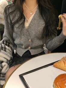 Alicedudu 纯色双排扣短款开衫，长袖上衣 - 淺灰色 - 查看 1