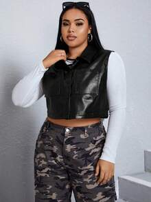 SHEIN EZwear Áo khoác vest da PU cộng thêm - màu đen - Xem 7