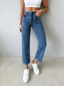 EURMUSE High Waist Straight Leg Cropped Jeans - Medium Wash - View 4