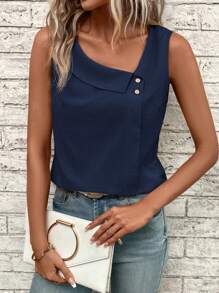 SHEIN LUNE 素色紐扣細節不對稱領無袖襯衫