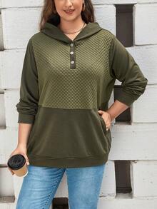 SHEIN LUNE Áo nỉ nửa cúc cỡ lớn - xanh quân đội - Xem 4