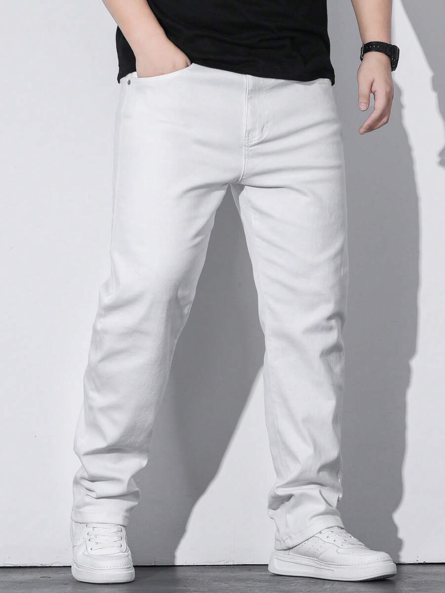 Manfinity Hypemode 男士大码素色直筒牛仔褲 - 白色 - 查看 1