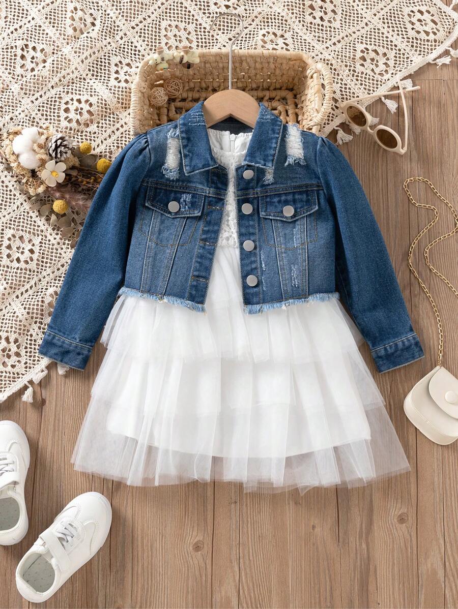 Cô Gái Trẻ 1 Miếng Rách Frayed Chi tiết về Flap Áo khoác denim - Rửa tối - Xem 1