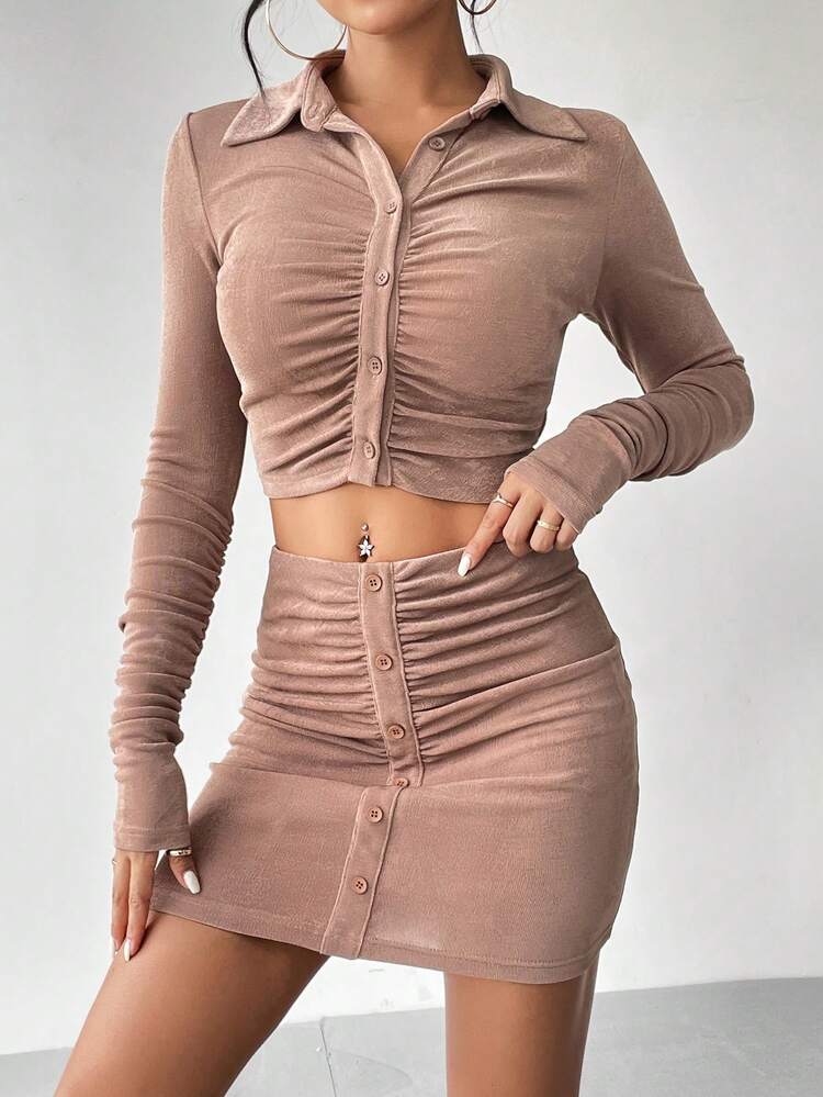 Ruched Button Front Tee & Bodycon Skirt
