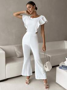 SHEIN Privé Mono unicolor ribete con fruncido pierna amplia - Blanco - Ver 5
