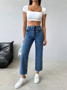 EURMUSE High Waist Straight Leg Cropped Jeans - Medium Wash - View 5