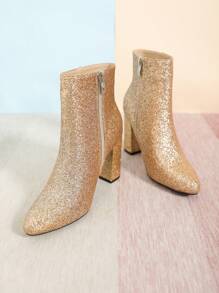 Botines Cortos De Tacón Grueso Para Fiestas De Moda Con Brillo Para Mujeres, Botines De Tacón Alto Para Tobillo - Dorado - Ver 5