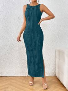 SHEIN Privé Vestido unicolor de muslo con abertura de espalda abierta - Azul - Ver 4