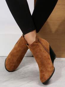 女士厚底坡跟侧拉链踝靴，黑色，时尚休闲，适合度假、旅行、日常穿着 - 棕色 - 查看 4