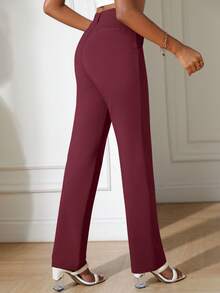 Solid Straight Leg Pants - Burgundy - View 2