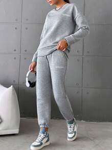 EURMUSE Letter Graphic Drop Shoulder Sweatshirt & Sweatpants - Grey - View 5