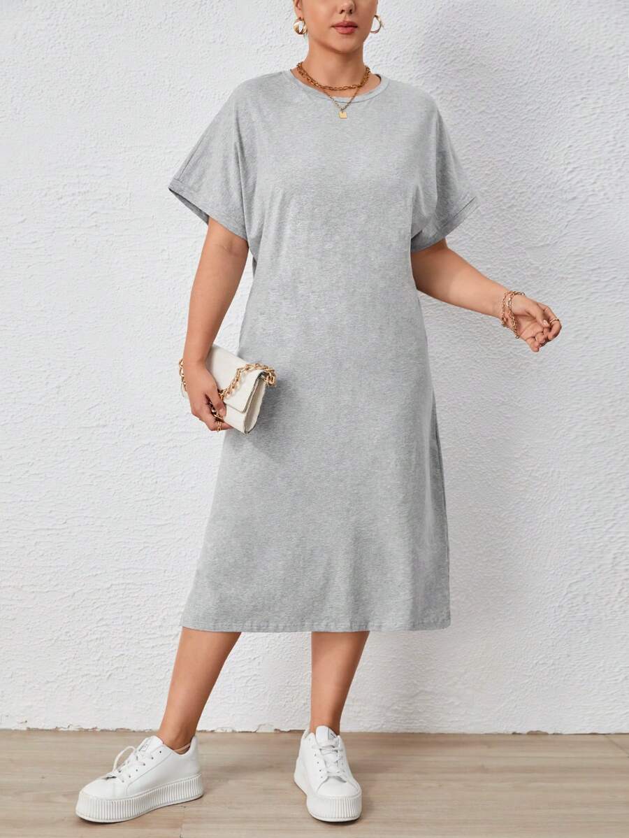 SHEIN Essnce Plus Solid Batwing Sleeve Tee Dress - Light Grey - View 1