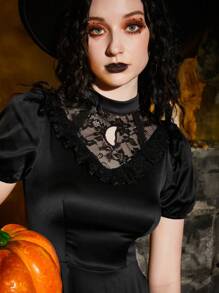 ROMWE PUNK Contrast Lace Puff Sleeve Dress Gothic - Black - View 5