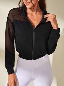 SHEIN Sports Contrast Fishnet Hooded Crop Sports Jacket - Black - View 2