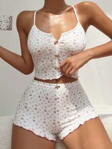 Ditsy Floral Print Lettuce Trim Cami Top & Shorts Set PJ / Set Pijama Set White