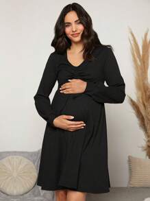 SHEIN 孕婦V領前打結素色連衣裙 - 黑色 - 查看 5