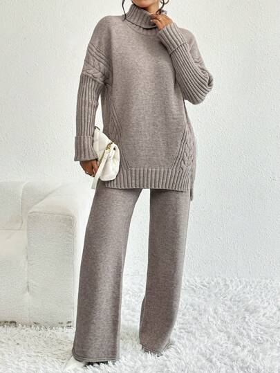 Firerie Turtleneck Drop Shoulder Split Hem Sweater & Knit Pants, Fall And Winter, Casual, Longsleeve, Highneck