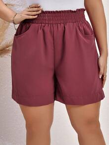 SHEIN LUNE Talla grande Shorts de cintura con volante con bolsillo oblicuo - Color caoba - Ver 4