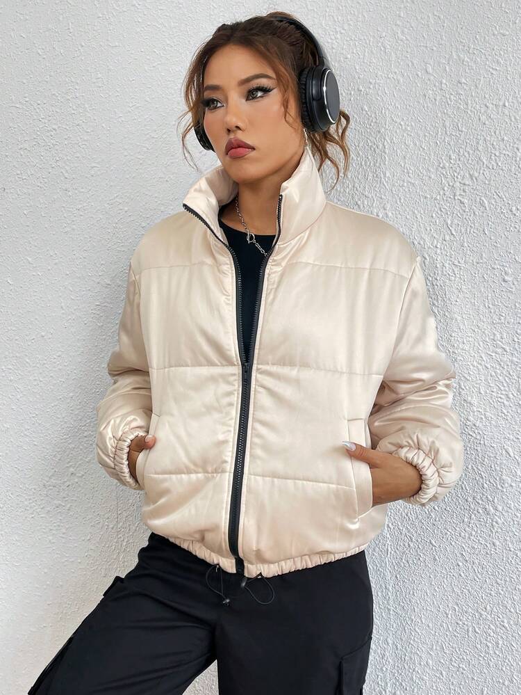 Zip Up Slant Pocket Puffer Padded Coat