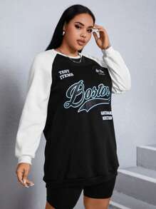 SHEIN EZwear 大碼字母圖案插肩袖運動衫 - 黑色 - 查看 6