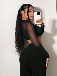 SHEIN SXY 深V領短款網紗上衣 - 黑色 - 查看 2