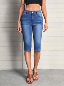 SHEIN LUNE 高腰下擺開叉七分緊身牛仔褲 - 中等水洗藍 - 查看 4