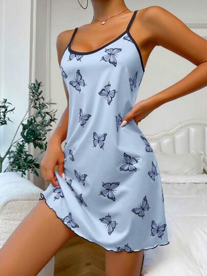 ZzzCrew Butterfly Print Contrast Binding Lettuce Cami Pajama Nightdress