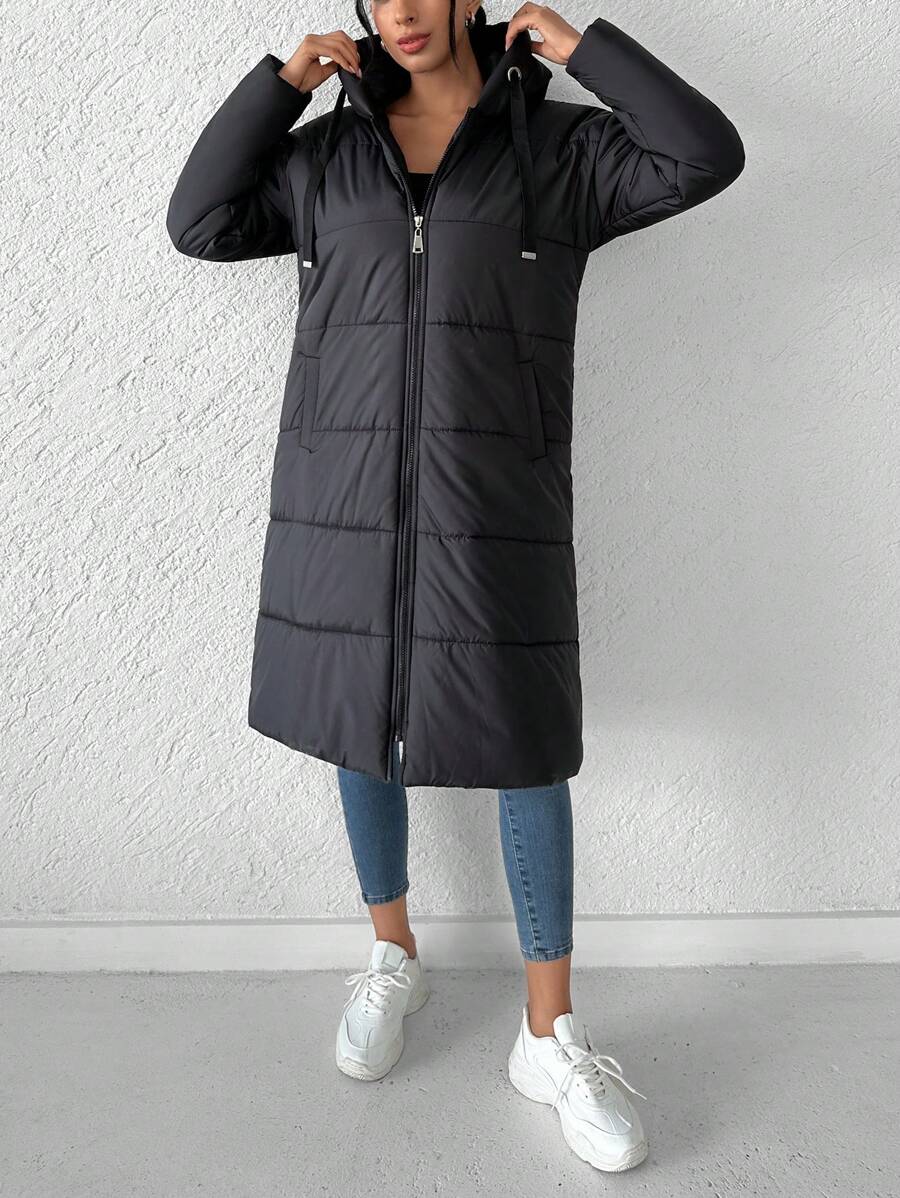RueChic Zip Up Drawstring Hooded Puffer Coat - Black - View 1