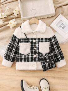 SHEIN 女小童格紋圖案雙口袋花呢外套&包 - 黑與白 - 查看 1