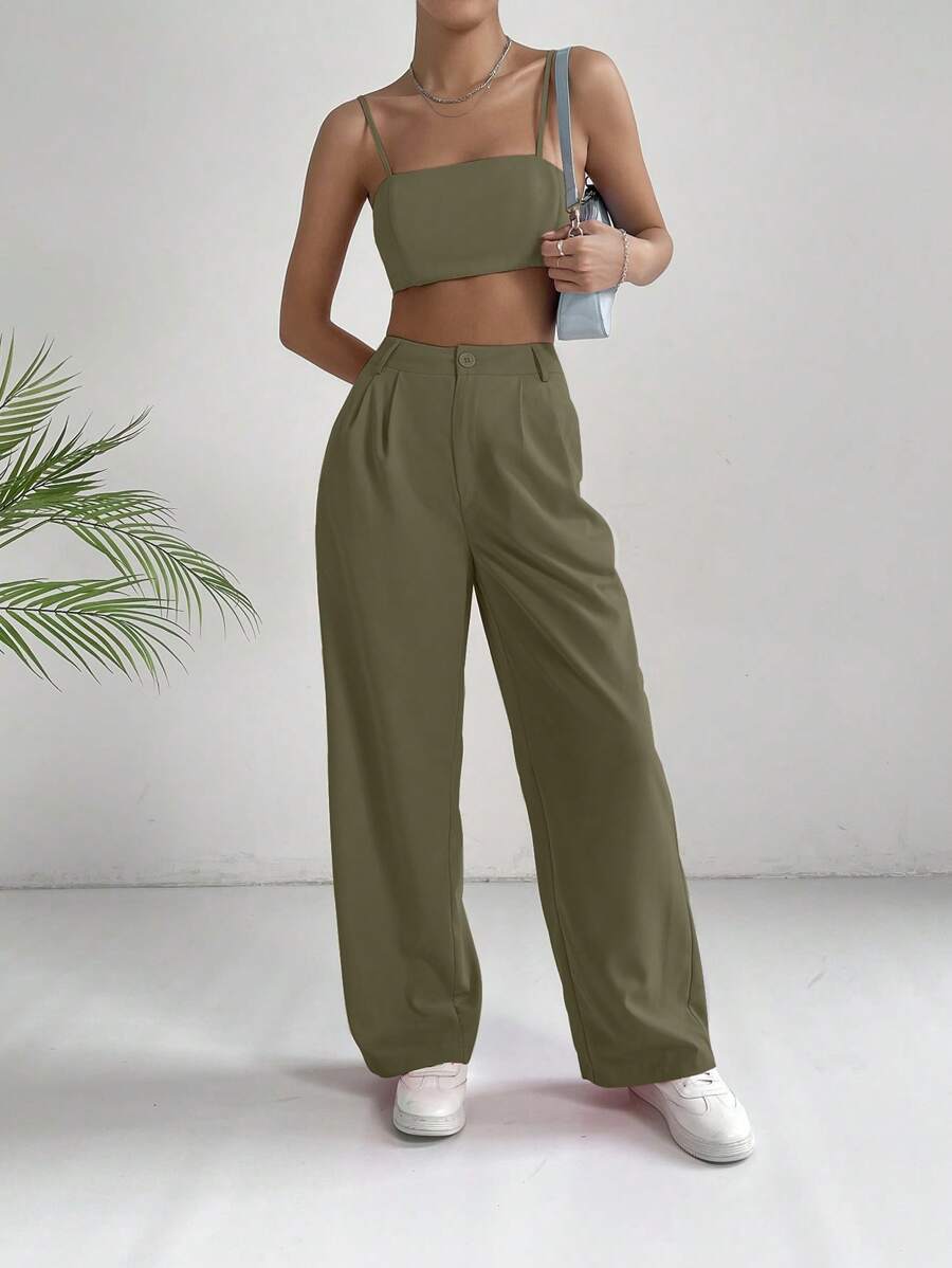 SHEIN EZwear 素色吊帶上衣&褶皺長褲 - 軍綠色 - 查看 1