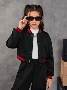 SHEIN Tween Girl Letter Graphic Striped Trim Drop Shoulder Crop Jacket - Black - View 2