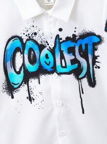 SHEIN 男童休閒酷炫塗鴉字母墨點短袖襯衫 - 白色 - 查看 6