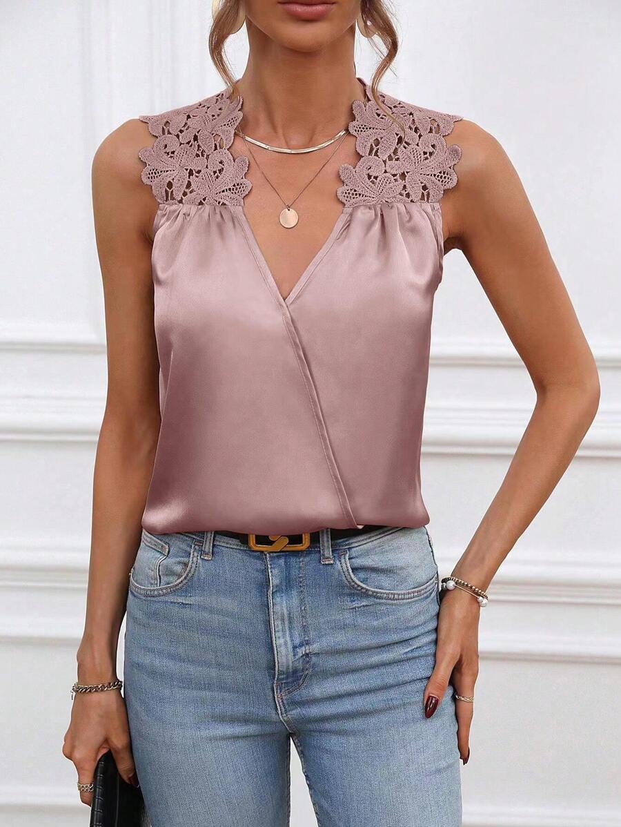SHEIN Clasi Bảng điều khiển ren Guipure Xa ten Áo sơ mi - Bụi hồng - Xem 1